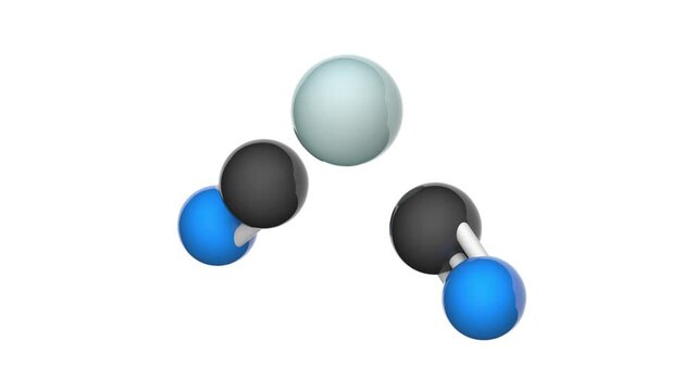 Zinc cyanide, formula Zn(CN)2 or C2N2Zn. It is a white solid that is used for electroplating zinc. 3D render. Seamless loop. Chemical structure model: Ball and Stick. White background
