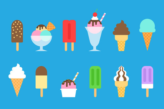 Ice cream icons set, Flat design isolated on blue background, Vector illustration