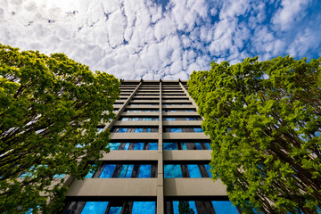 Hochhaus Turm blau Himmel Bäume Perspektive Göttingen Universität Spiegelung Höhe Fluchtpunkt...