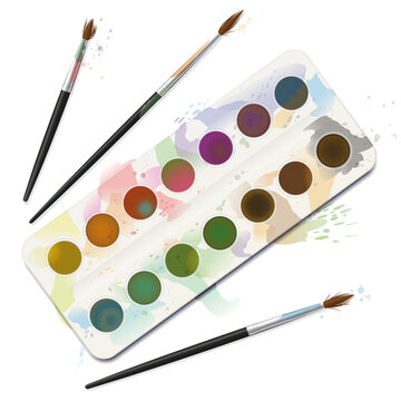 Used watercolor paint box - spotty, blotchy, soiled, spilled, dirty with frayed brushes. Isolated vector illustration on white background.
