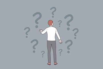 Doubt, question, uncertain concept. Young frustrated businessman standing backwards and feeling doubt with question signs above vector illustration 