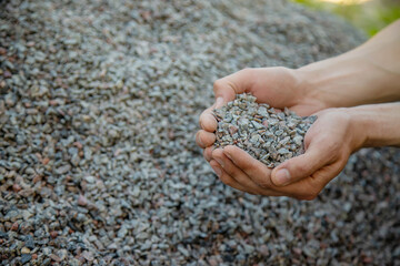 Man holding small rubble in his hands selective focus