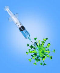 Coronavirus virus with an injection syringe. Vaccination creative concept. 3D Rendering illustration.