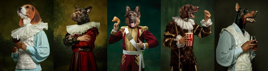 Models like medieval royalty persons in vintage clothing headed by dog's heads on dark vintage...