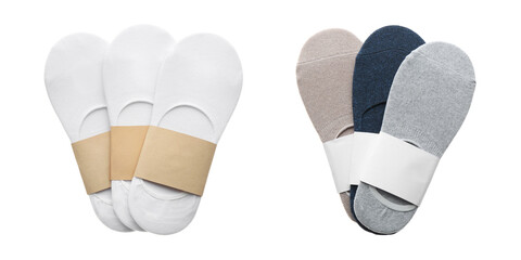 Pairs of cotton socks with blank labels on white background, collage. Banner design