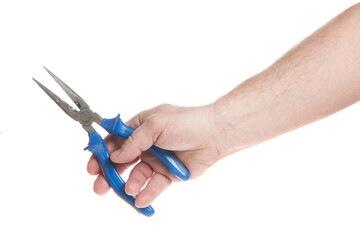 Hand holds pliers on a white background, template for designers.
