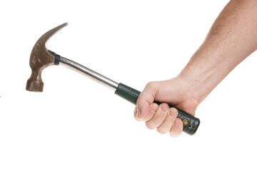 Hand holds a hammer with a bent handle on a white background