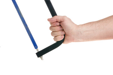 Hand holds a hacksaw on a white background, a template for designers.