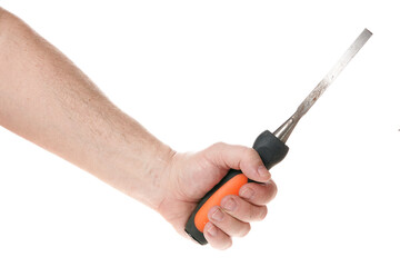 Hand holds a chisel on a white background, template for designers.