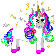  Cartoon unicorn. Isolated character. Isolated on white clipart, unicorn baby girl with stars.