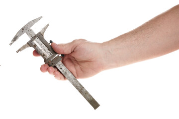 Hand holds an old caliper on a cord on a white background