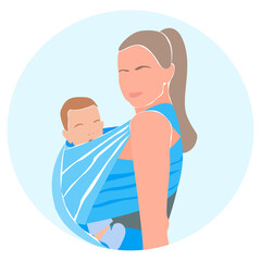 Happy Mom with little baby boy in a blue sling. Minimalist portrait avatar. Love and care concept. Vector flat modern illustration
