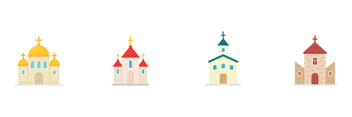 Church flat icon set. Church colorful symbol. Holy place silhouette buildings collection. Vector isolated on white.
