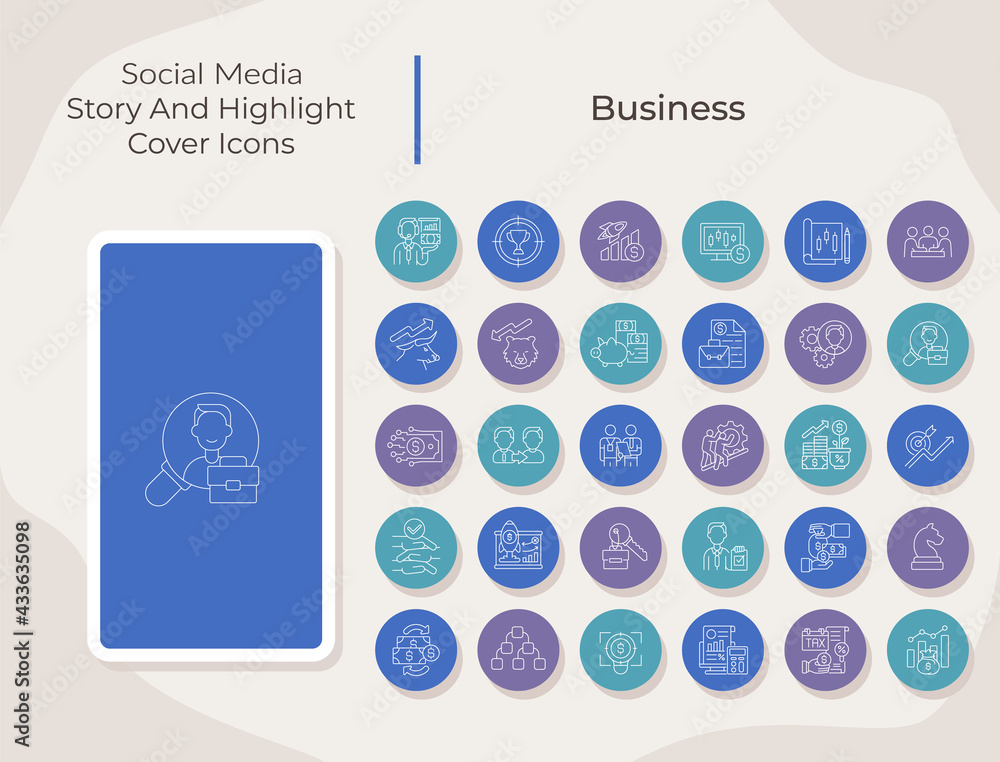 Poster business social media story and highlight cover icons set. professional career. trendy template for 