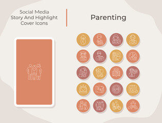 Parenting social media story and highlight cover icons set. Family lifestyle. Trendy template for bloggers. White linear pictograms collection. Thin line drawings pack for branding