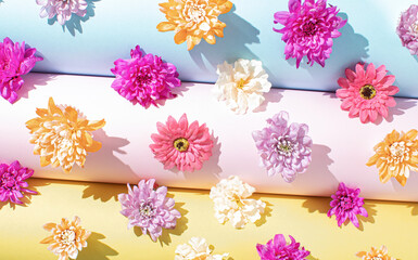 Colorful Summer concept of outdoor party wall full of fresh flowers on pastel background. Fun flat lay.