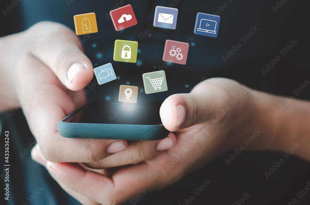 Poster man using phone payment shopping online and network connection icon on hologram virtual screen.digit