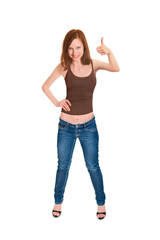 Full length portrait of a beautiful smiling woman with her thump up in the air, isolated on white studio background