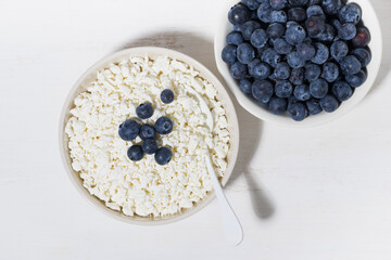 fresh farm products, cottage cheese and blueberries on a white background, top view closeup