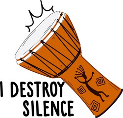 Djembe drum African musical instrument isolated sketch with hand-drawn lettering. Vector rope-tuned and skin-covered goblet jembe