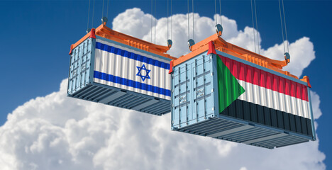 Freight containers with Israel and Sudan national flags. 3D Rendering 