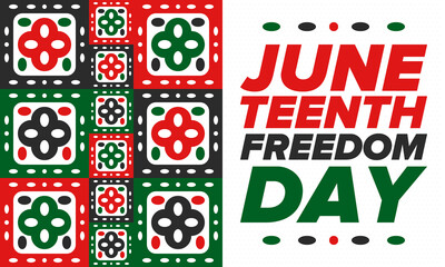 Juneteenth Independence Day. Freedom or Emancipation day. Annual american holiday, celebrated in June 19. African-American history and heritage. Poster, greeting card, banner and background. Vector