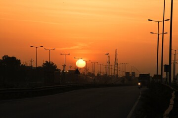 Morning View, Sunrise in the morning, Street light pattern on the bridge