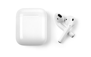 White headphones wireless earphones with case, - obrazy, fototapety, plakaty