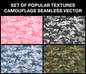 military camouflage textures. repeating patterns seamless. set vector illustration army hunting repeat print. Khaki, gray, blue, pink, white, black, green texture