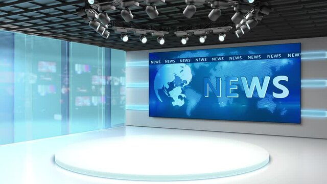 Tv studio. News room. Blye and red background. General and close-up shot. News Studio. Studio Background. Newsroom bakground. The perfect backdrop for any green screen or chroma key video production