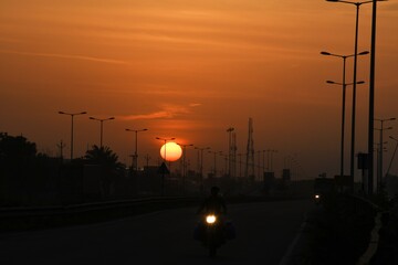 Morning View, Sunrise in the morning, Street light pattern on the bridge