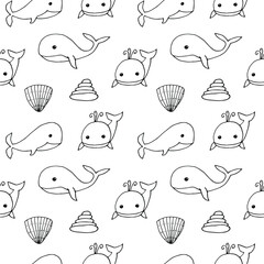 Seamless pattern whales, vector illustration, hand drawn