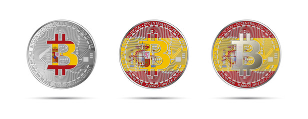 Three Bitcoin crypto coins with the flag of Spain. Money of the future. Modern cryptocurrency vector illustration