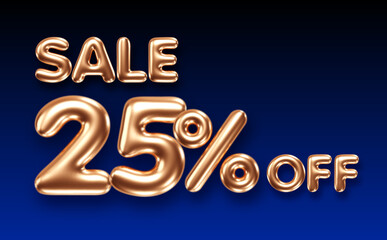 3d golden 25 percent discount sign on dark blue background. Sale banner template