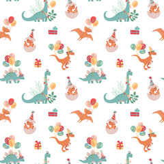 Festive seamless pattern with dinosaurs. Velocepator, brontosaurus, stegosaurus, Pteranodon, and baby who just hatched from an egg. Balloons, presents. Cheerful vector background for child