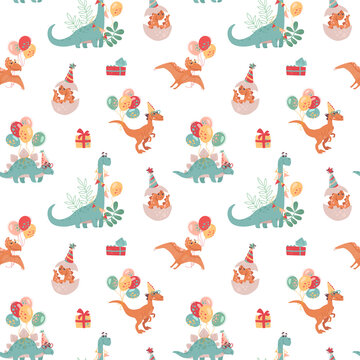 Festive seamless pattern with dinosaurs. Velocepator, brontosaurus, stegosaurus, Pteranodon, and baby who just hatched from an egg. Balloons, presents. Cheerful vector background for child