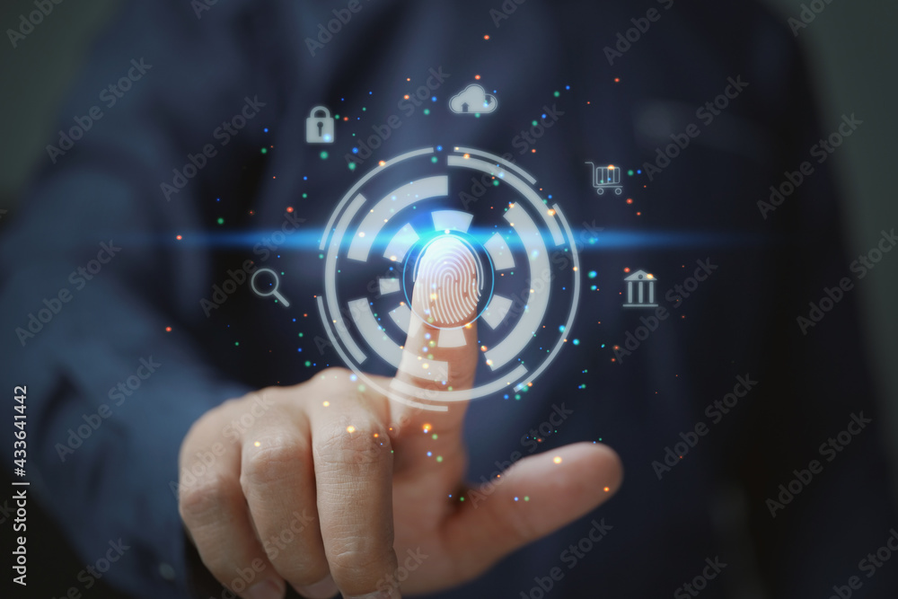 Aufkleber Businessman touching fingerprint scan provides security interface payment. Shopping banking and cloud computing network connection on virtual screen