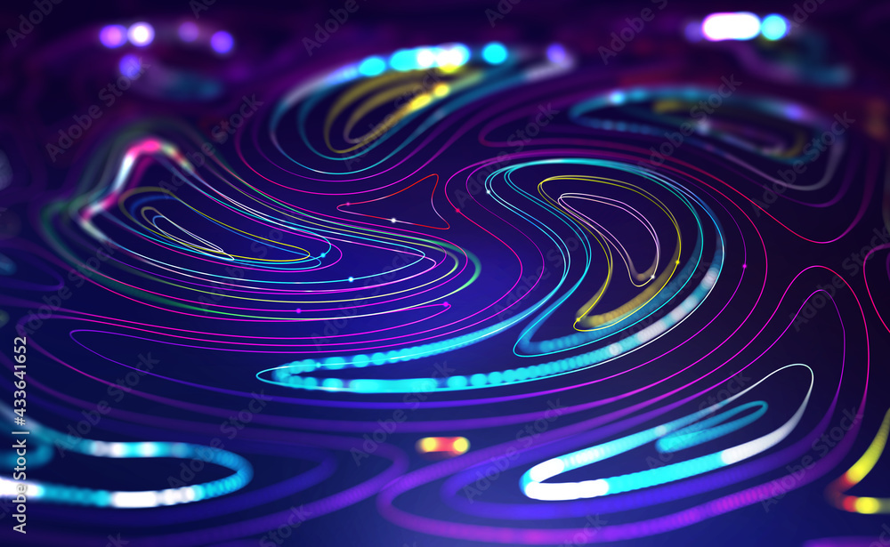 Poster Information field, data flow. Blockchain storage, server, high speed internet. Big data transfer. Data center, database. 3d illustration of abstract linear funnels