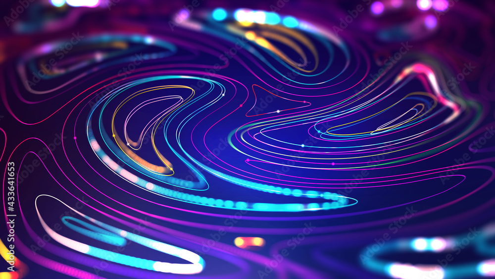 Poster Big Data concept. Information field, data flow. Digital neural network. Introduction of artificial intelligence. Cyberspace of future. Abstract business 3D illustration