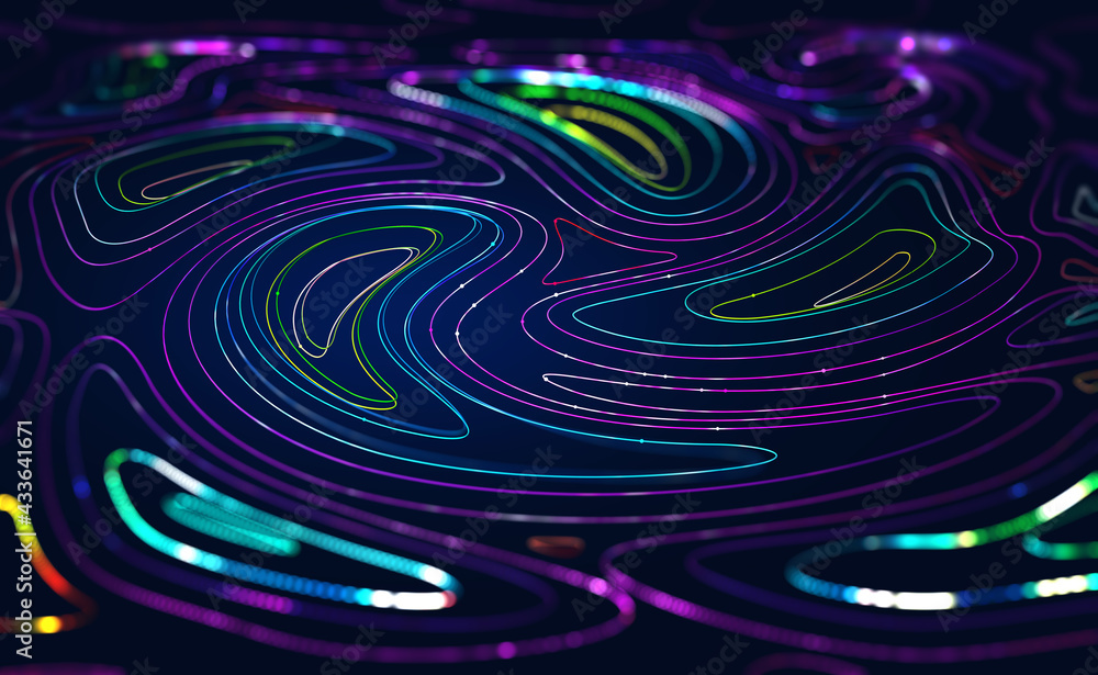 Poster Information field, data flow. Blockchain storage, server, high speed internet. Big data transfer. Data center, database. 3d illustration of abstract linear funnels