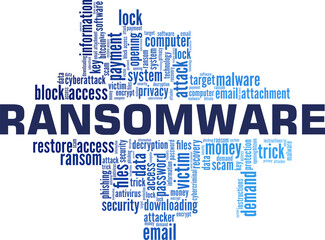 Ransomware vector illustration word cloud isolated on a white background.