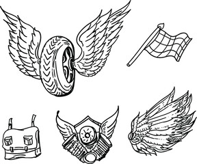 Vintage wheel of motorcycle vector,Hand drawn wing set.Sticker wing with bikker racing tattoo.Doodle and sketch style bagpacker and wheel with wing. 