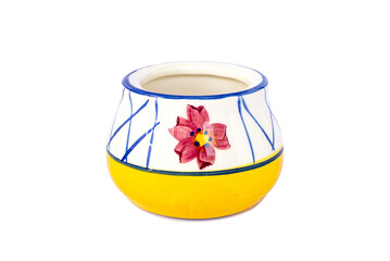 empty decorative ceramic plant pot isolated on white background. big modern porcelain vase for flower garden. Shiny bright color glazed, vintage handmade pottery decorated on yellow crossed blue line