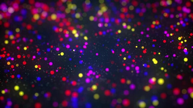 Many colorful balls. Neon glowing wave of particles. Abstract motion background. Seamless loop