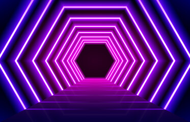 Abstract glowing magenta blue neon lights line floor background.  Perspective hexagon led concept.  vip neon lights entrance or festival concept. vector illustration.