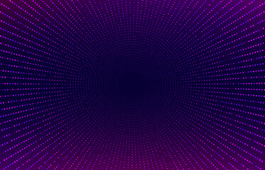 Abstract blue purple glowing halftone glittering effect with dot radial pattern and glowing lights on dark background. Modern futuristic technology concept. Vector illustration