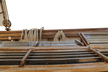 Wooden desk of free space and ship background 