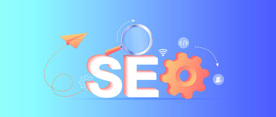 SEO. Search engines optimization landing page. Website page development. Template landing page for website. Web development, optimization, user experience. Website layout elements. Web banner