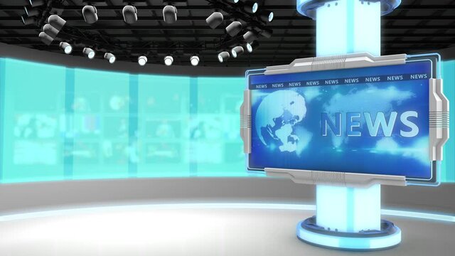 Tv studio. News room. Blye and red background. General and close-up shot. News Studio. Studio Background. Newsroom bakground. The perfect backdrop for any green screen or chroma key video production
