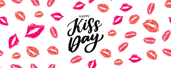 Kiss me greeting card, poster with pink hand drawn watercolor lips. Vector background with ink hand lettering.